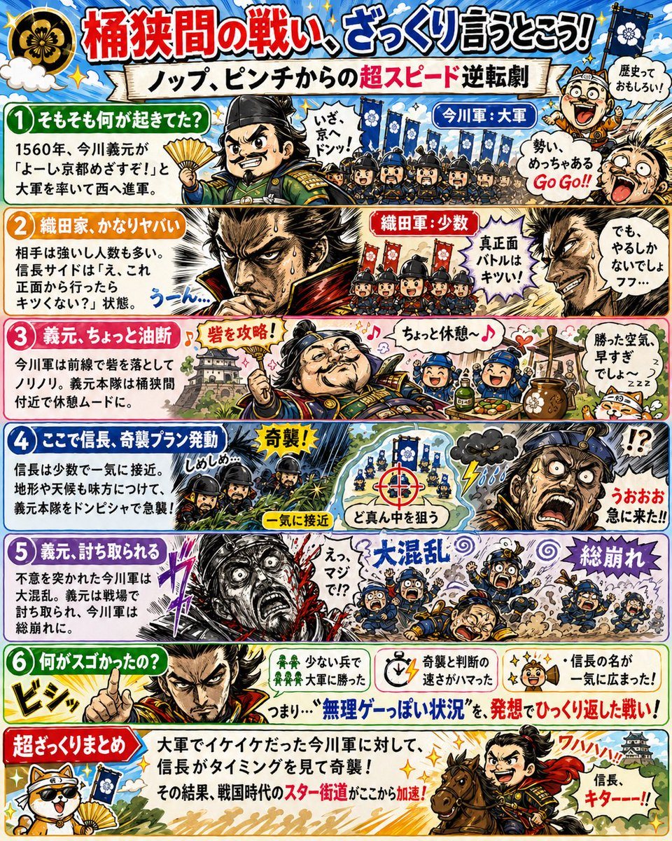 This generates a colorful Japanese manga-style educational infographic poster explaining the Battle of Okehazama for children or social media history content.
