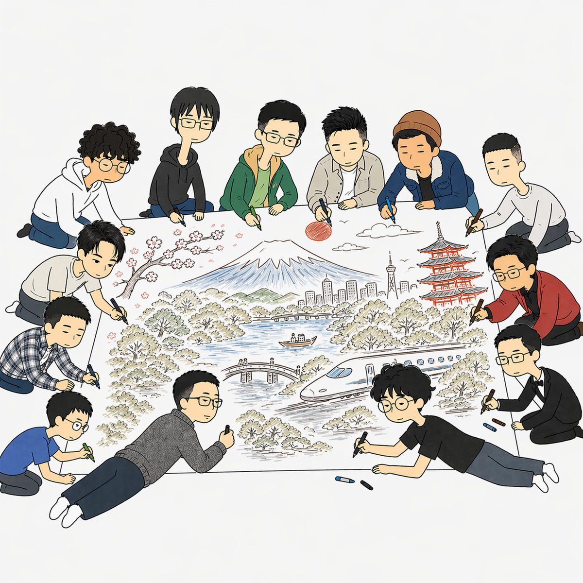 A clean editorial-style illustration on a light gray-white background showing exactly 11 young people gathered around a huge sheet of paper on the floor, collaboratively drawing a detaile...