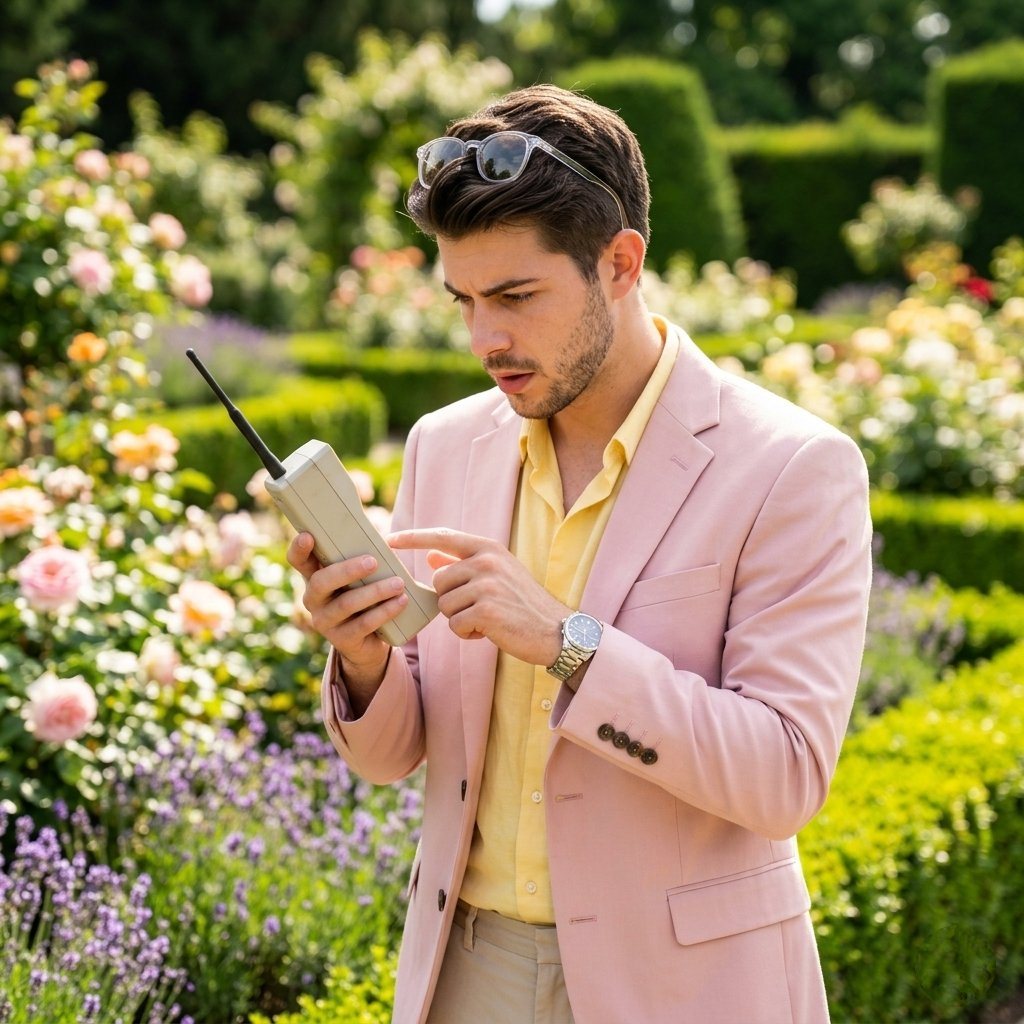 A stylish man standing in a beautifully maintained garden filled with colorful flowers and trimmed hedges. He is wearing a light pink blazer over a soft yellow shirt, beige trousers, a wr...