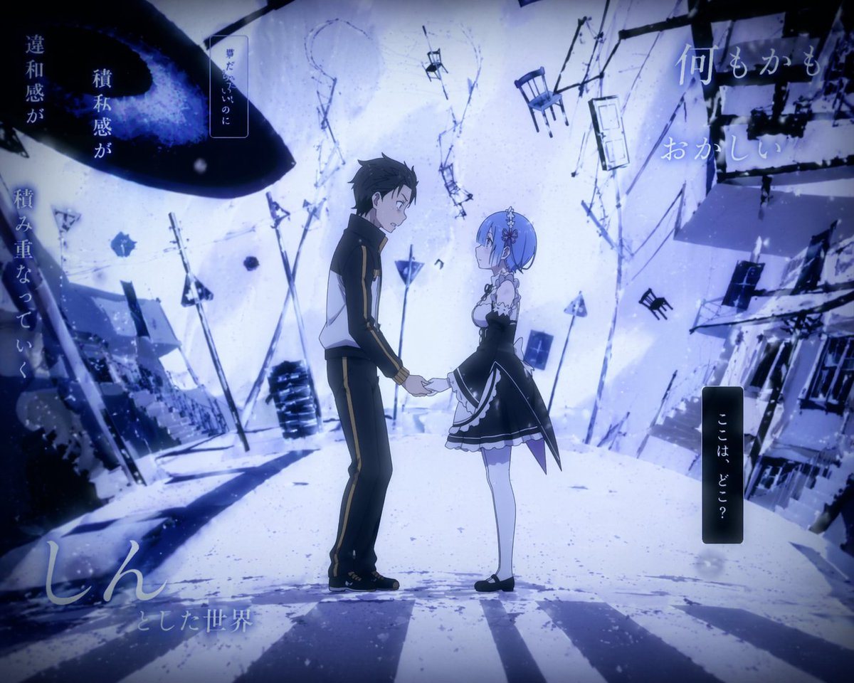 Anime illustration of Subaru Natsuki from Re:Zero in a tracksuit and Rem from Re:Zero in a maid outfit holding hands in a surreal, distorted, cold blue winter landscape. The background ha...