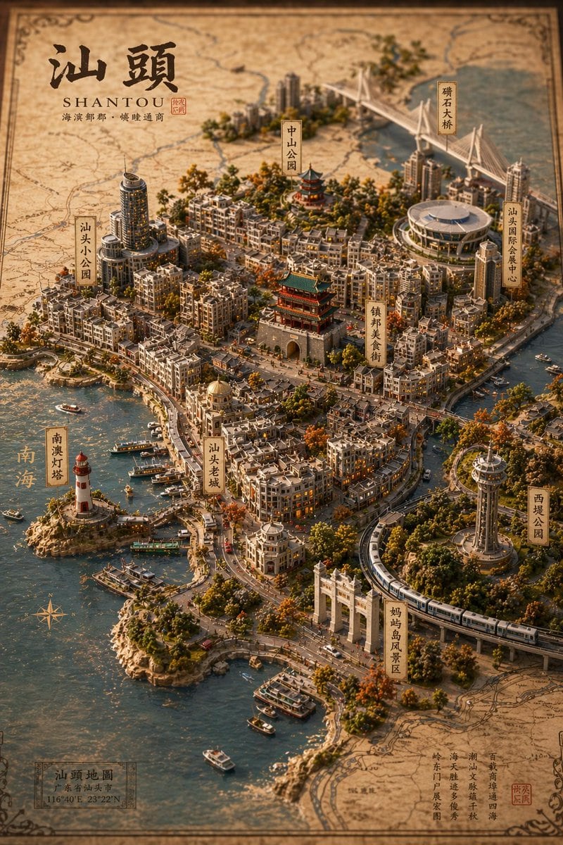 Generates a highly detailed, isometric 3D miniature map of a coastal city on a vintage parchment background, complete with labeled landmarks and traditional typography.