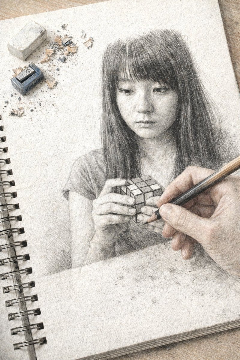 生成一张超写实的视觉错觉图，展示一只手正在笔记本上绘制精细的铅笔素描，并配有绘图工具。