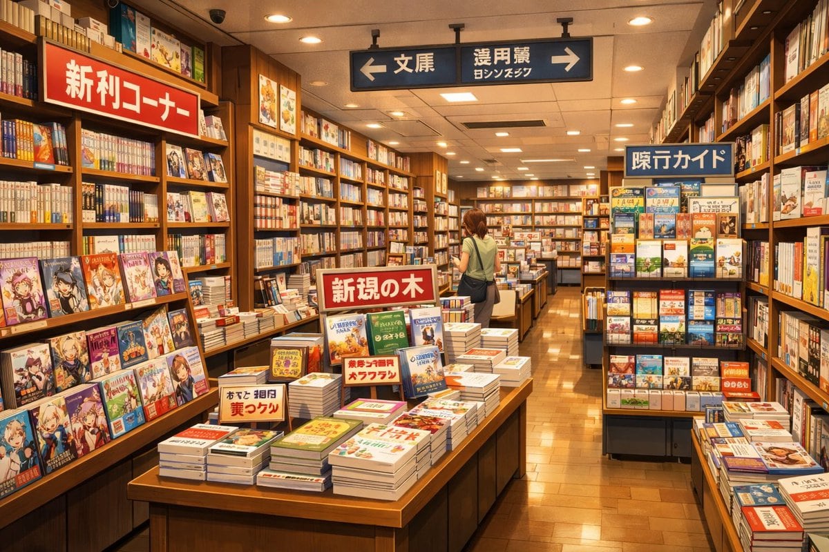 A photorealistic interior view of a bustling Japanese bookstore. The scene is illuminated by warm overhead lighting that reflects off the polished wooden floor. In the foreground, large w...