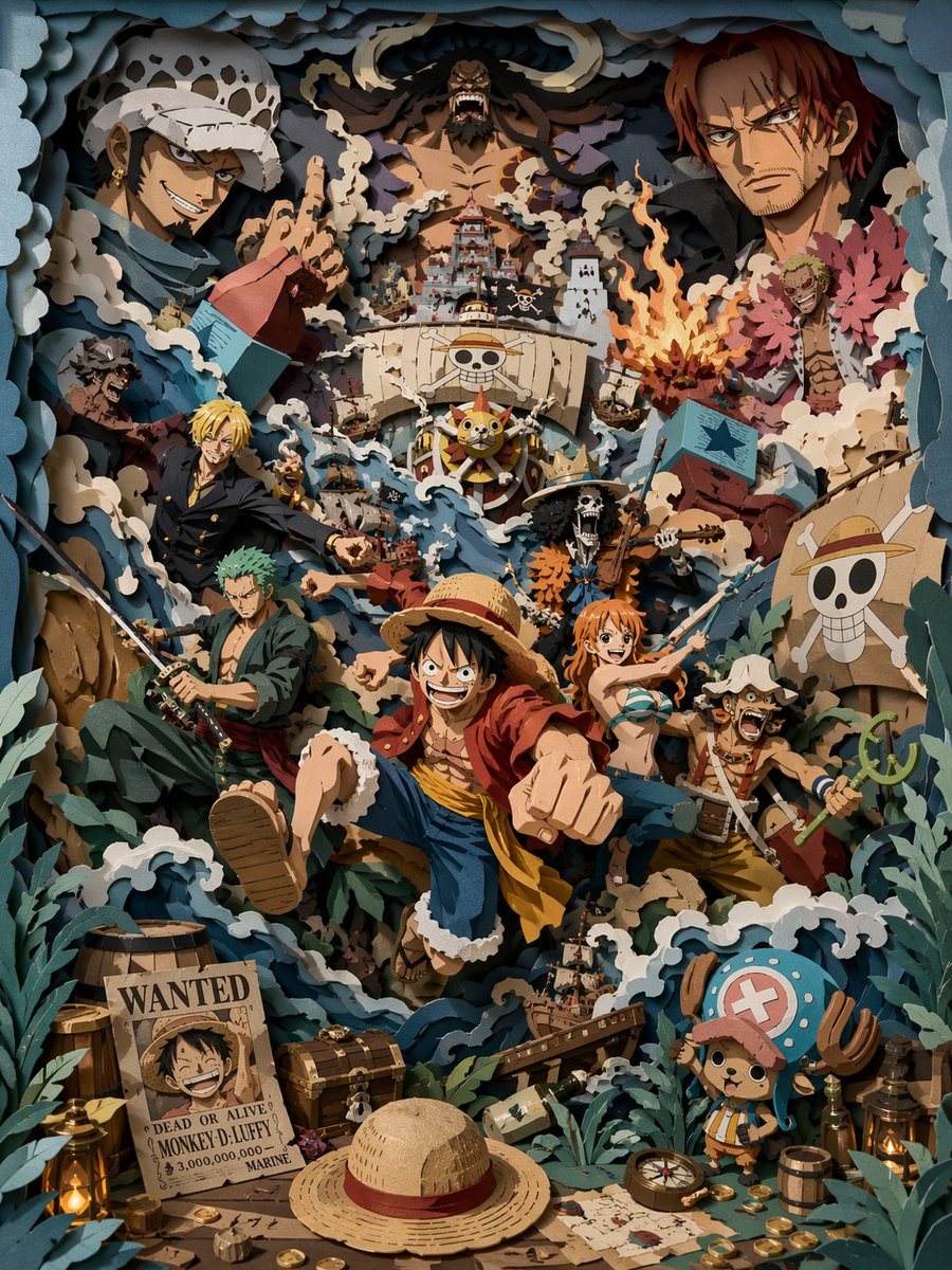 一个用于创作高饱和度 3D 多层纸雕场景的详细提示词,展现了混乱海战中风格化的海盗船员,包含 Octane 渲染和逼真的纸张纹理。