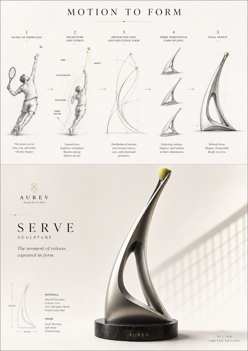 A sophisticated prompt that generates an A4 vertical visual mapping the transformation from a concept to a finished product design.