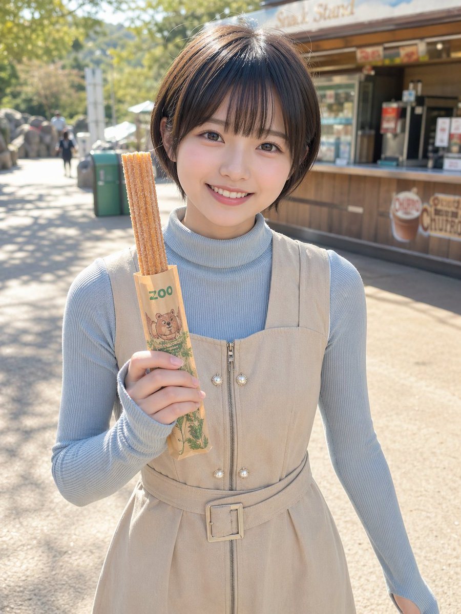 A realistic outdoor portrait photo of a young woman standing at a zoo snack stand on a sunny day, framed from about mid-thigh upward, centered in the image, holding 3 long churros upright...