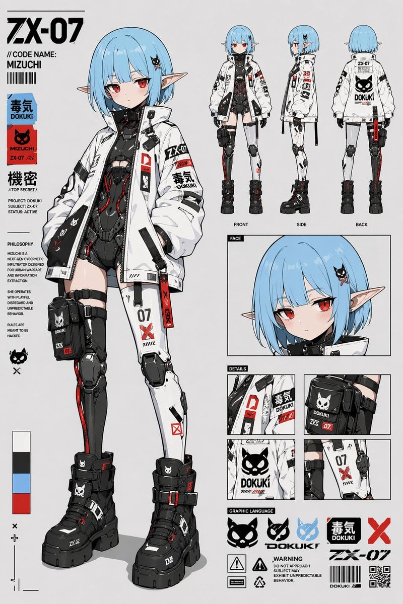 Ready-to-edit anime cyberpunk character reference sheet image prompt.