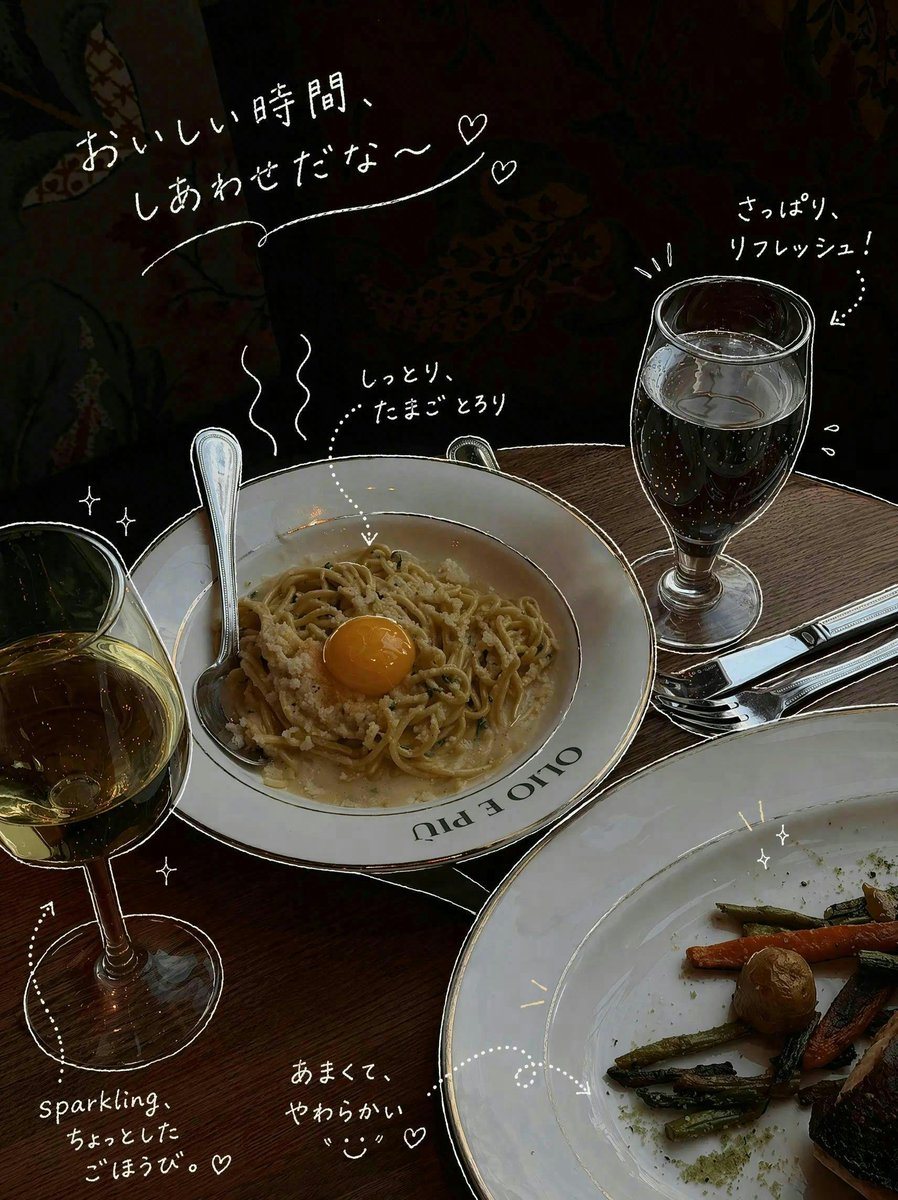 A moody, dark restaurant table photo styled like a trendy handwritten doodle edit, shot from a slightly elevated three-quarter angle. The scene shows a wooden table with 4 main food-and-d...