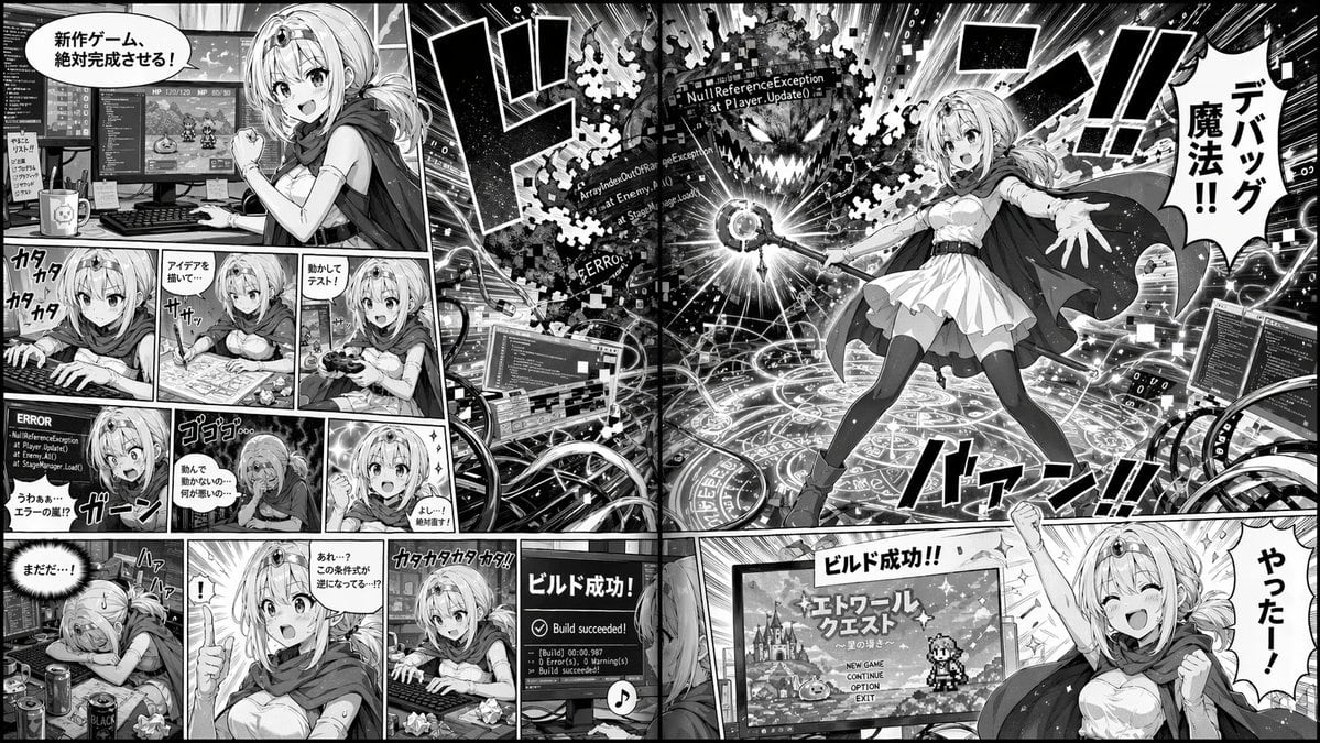 Generates a 2-page manga spread depicting a fantasy character struggling with and ultimately conquering game development bugs.