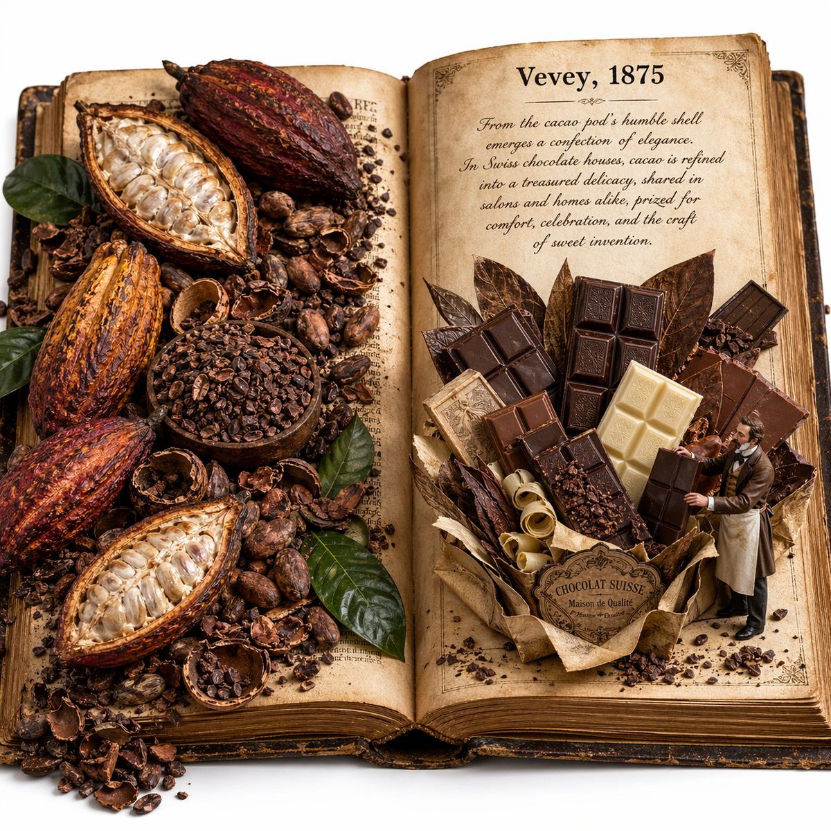 Create a square 1:1 macro photography image of an open antique history book on a clean white background, styled like an edible history pop-up book. The book is thick, vintage, leather-bou...