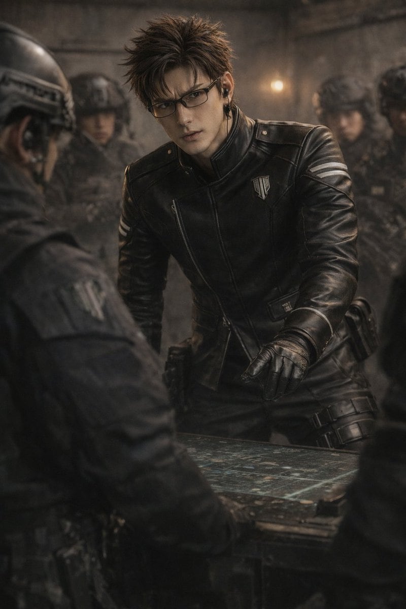 A cinematic, photorealistic shot of a handsome young man with spiky dark brown hair and rectangular glasses, wearing a black leather tactical jacket with a high collar, silver chest badge...