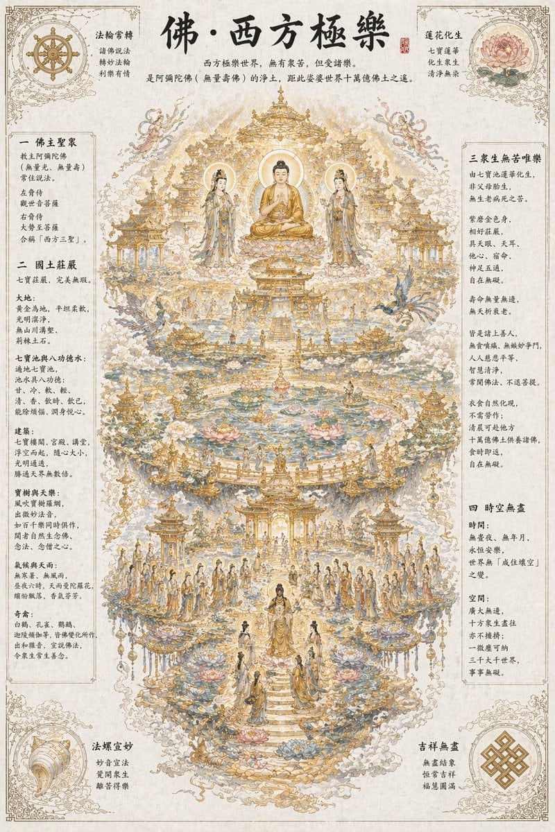 一个高度详细的提示词，描述了西方极乐世界（Sukhavati），包含黄金大地、莲花池和神圣的建筑。