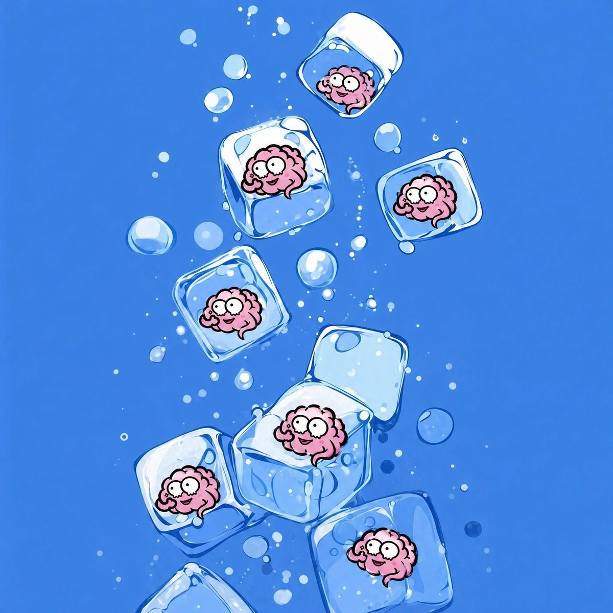A whimsical clean cartoon illustration of 7 transparent ice cubes floating underwater against a vivid saturated blue background, each cube containing a cute pink brain character with over...