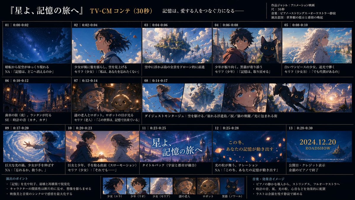 Ready-to-edit anime TV commercial storyboard sheet image prompt.