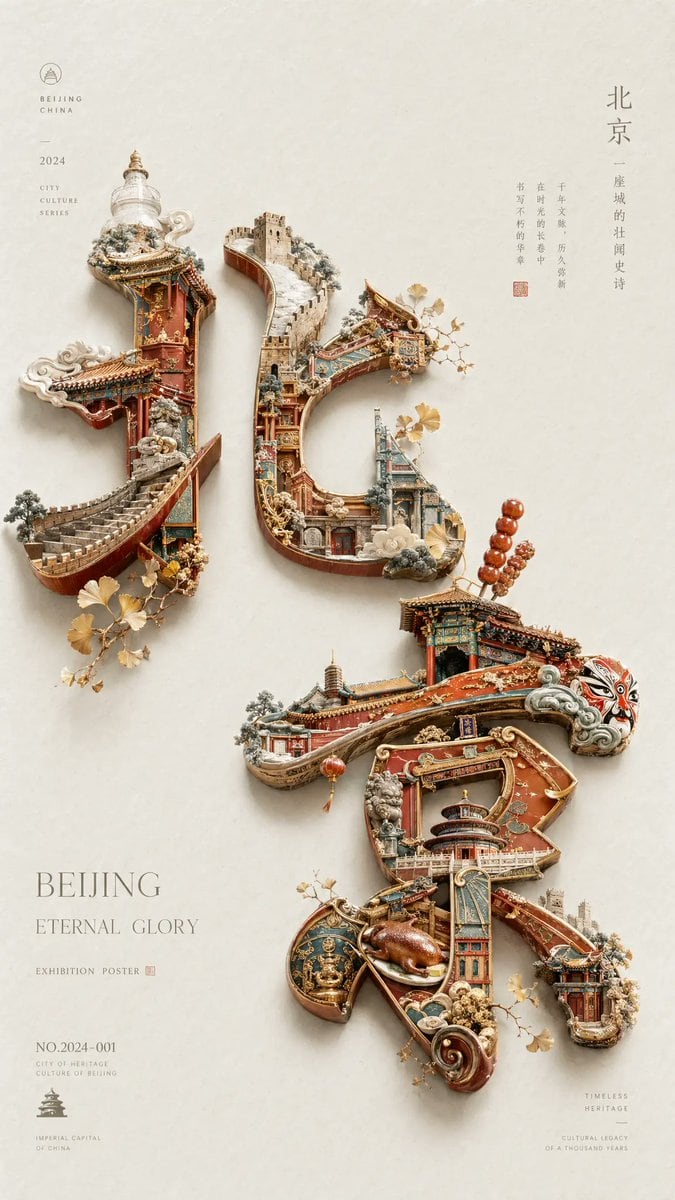 This prompt generates a premium city-culture exhibition poster featuring Beijing-themed architectural calligraphy and elegant editorial typography, ideal for tourism, museum, or heritage branding.