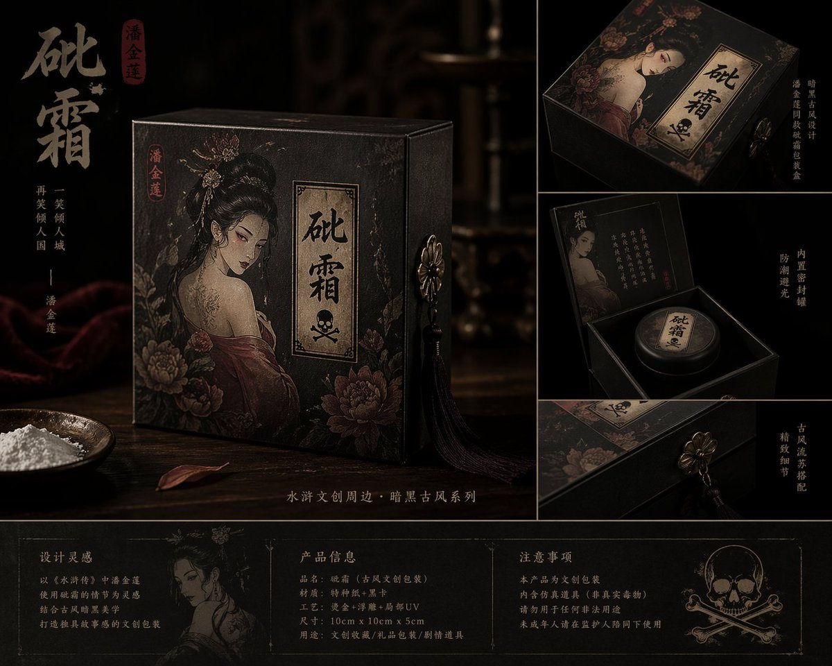 一套用于设计暗黑古风创意文创产品包装的提示词,灵感源自中国传统故事。