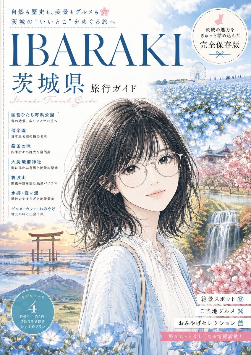 This prompt generates an elegant illustrated Japanese travel magazine cover for Ibaraki, suitable for tourism posters, editorial covers, or regional guidebook artwork.
