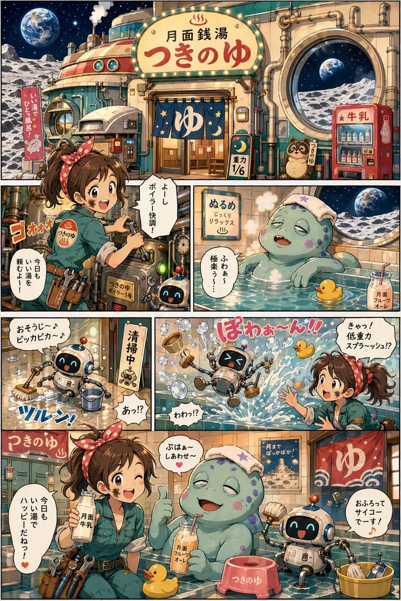 一页复古未来主义风格的动漫漫画,描绘了月球上异想天开的公共澡堂,非常适合生成带有多个角色驱动分镜的趣味 AI 漫画场景。