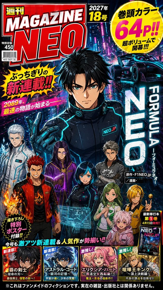 Create a dramatic Japanese weekly manga magazine cover, glossy print design, packed and chaotic like a real shonen magazine issue. The cover title at the top left is a huge red-and-white...