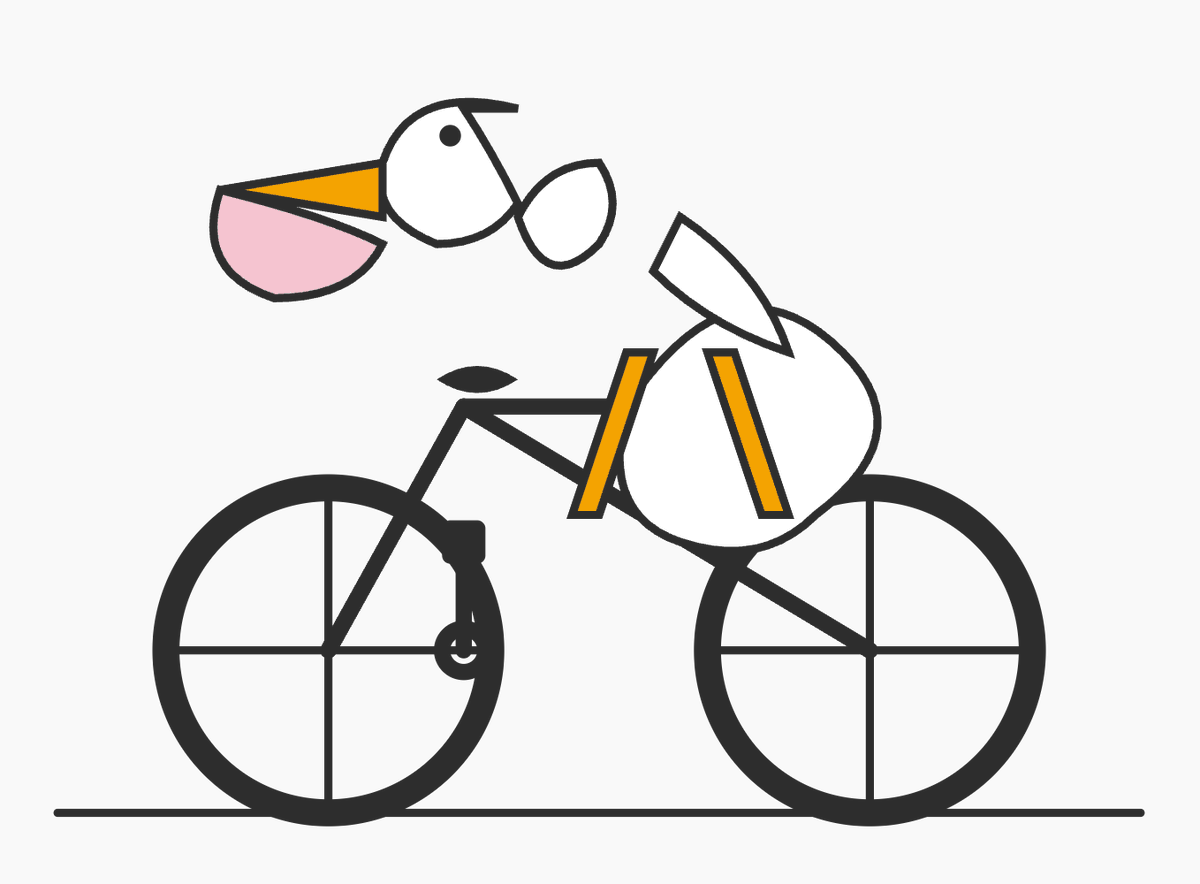 A minimalist flat vector illustration on a light gray background showing a stylized pelican riding a bicycle, composed from simple geometric SVG-like shapes with thick dark charcoal outli...