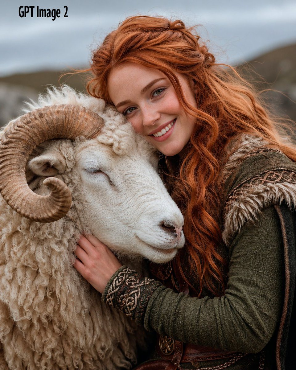 A photorealistic, cinematic vertical portrait of a medieval or fantasy woman with long copper-red hair, shown from the chest up, gently embracing a large white ram. The woman wears a dark...
