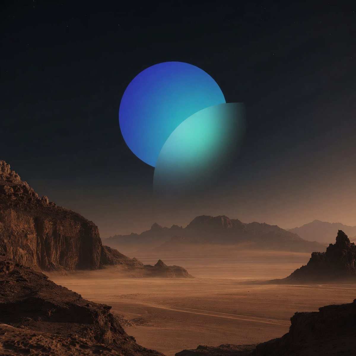 A surreal sci-fi desert landscape at twilight or night, with a vast sandy plain covered in low drifting haze and surrounded by dark jagged rock formations. In the foreground, a rugged roc...