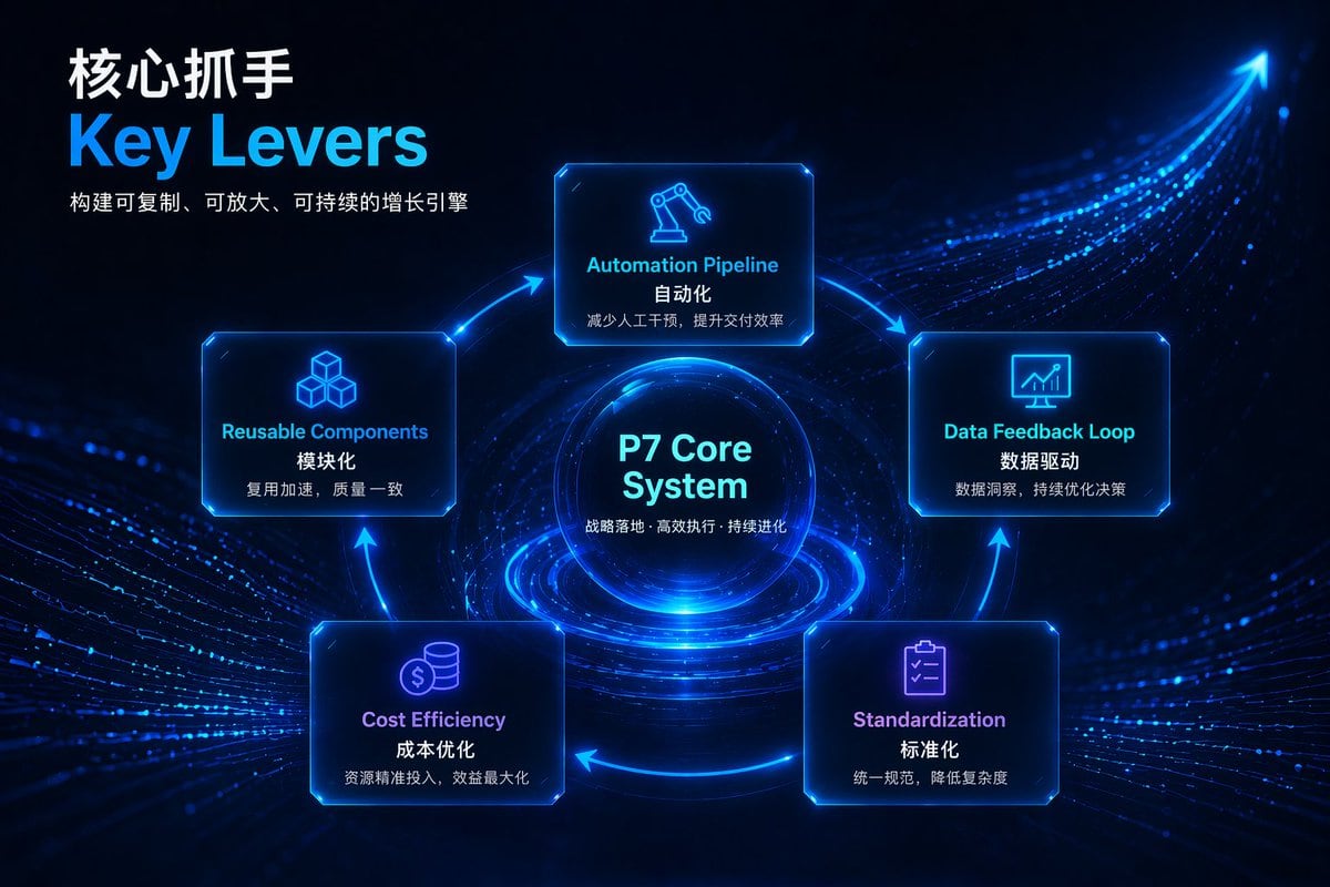 生成一张高科技、霓虹风格的图表 Slides，包含核心系统及 5 步循环流程图，非常适合企业战略演示。