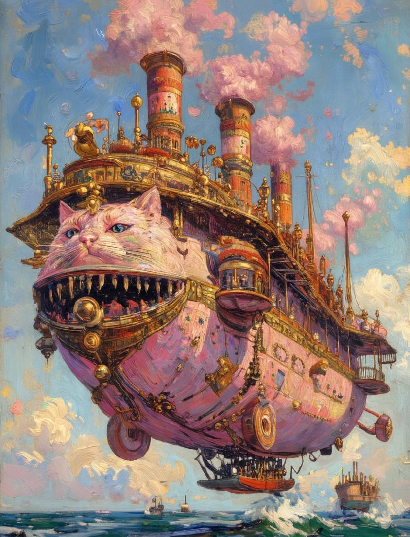 A richly textured fantasy illustration of a giant pink cat-shaped steampunk airship floating above the ocean, ideal for whimsical concept art, book covers, or imaginative poster imagery.