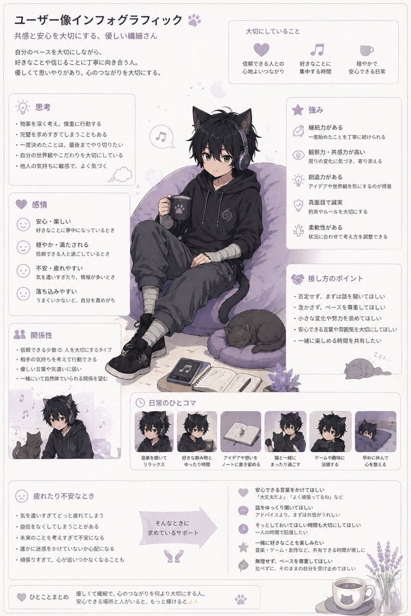 A vertically structured Japanese infographic poster showing a soft anime cat-eared avatar with multiple labeled personality sections, ideal for generating stylized self-image or user-persona visuals.