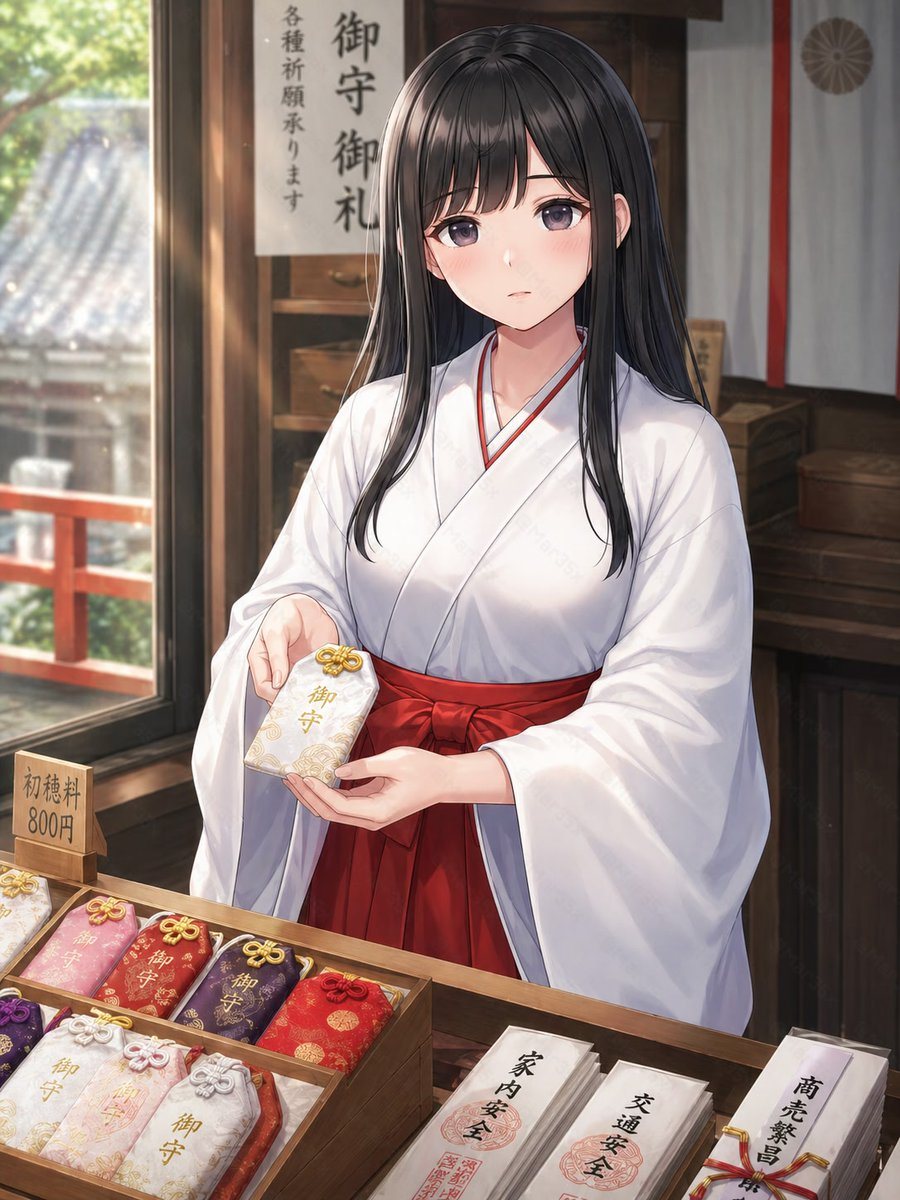 This prompt generates a clean anime-style shrine scene featuring a miko presenting an omamori at a shrine counter, ideal for character art with culturally detailed background props.
