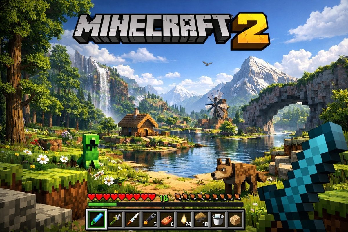Generates a realistic, high-fidelity first-person screenshot of a block-building game with a custom logo, environment, and UI overlay.