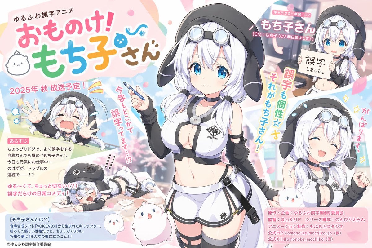 Create a bright pastel anime promotional poster for a fictional slice-of-life comedy series. The composition is a single-page Japanese key visual with one central heroine surrounded by 5...