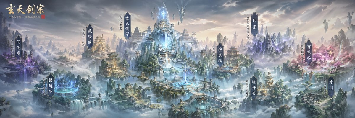 A vast ultra-wide cinematic fantasy xianxia world map painted as a highly detailed Chinese cultivation sect panorama, viewed from an elevated distance above a sea of clouds. The scene sho...