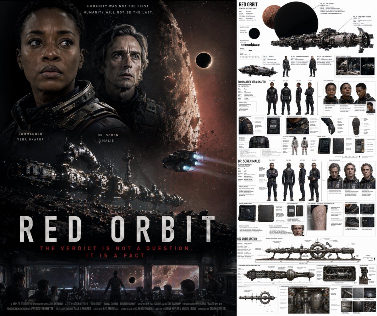 Ready-to-edit split-panel cinematic movie poster and production design reference sheet image prompt.
