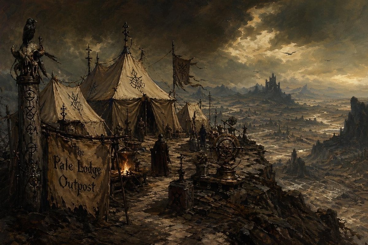 A dark fantasy matte painting of a bleak hilltop encampment overlooking a vast cursed wasteland at dusk. In the left foreground, a ragged hanging banner reads "The Pale Lodge Outpost" in...