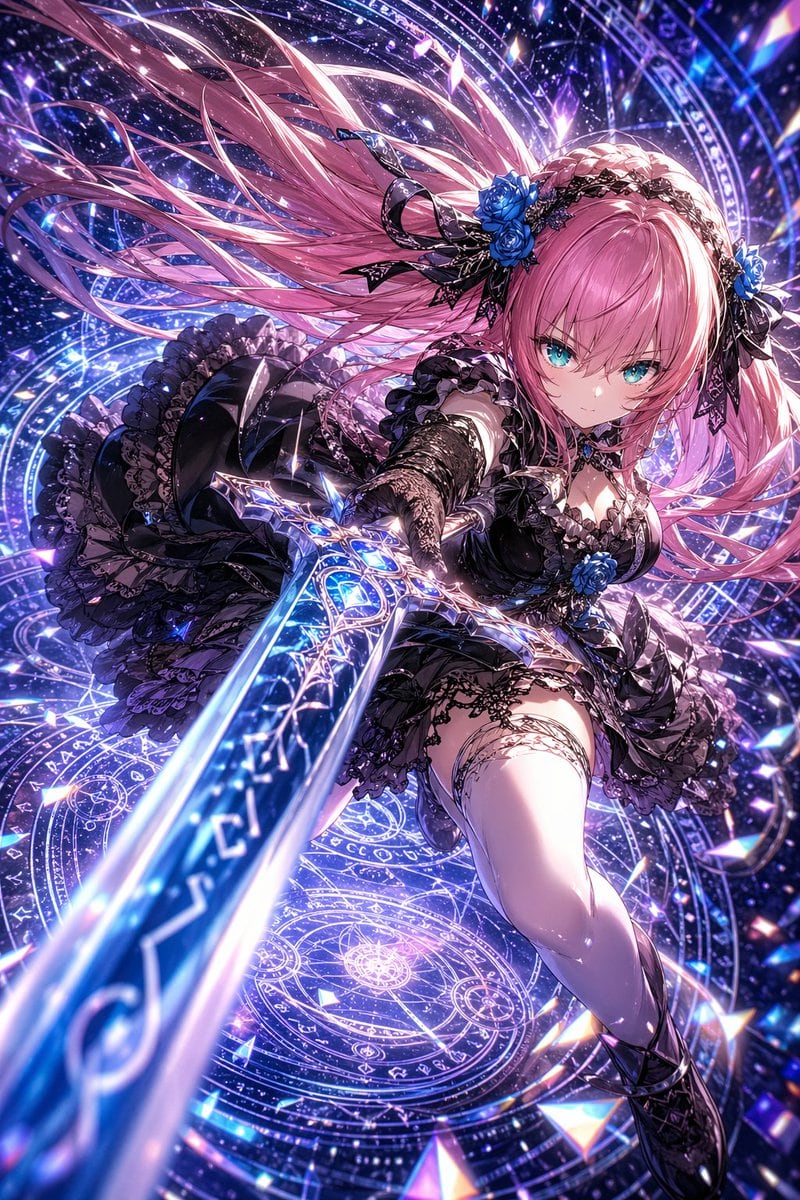 A hyper-detailed anime fantasy action illustration of a fierce young woman lunging toward the viewer with a glowing magical sword, shown in an extreme foreshortened low-angle perspective...