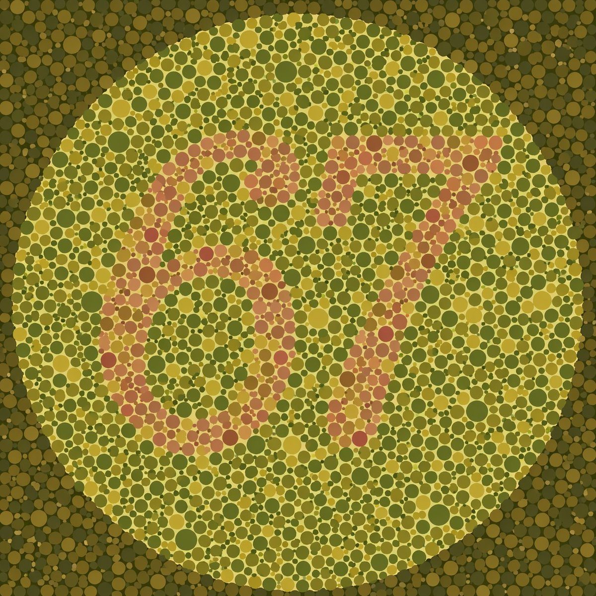 An Ishihara color blindness test plate consisting of a large circular field filled with densely packed dots of varying sizes. The background dots within the circle are shades of olive gre...