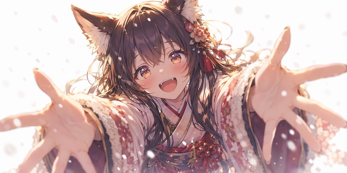 An anime-style illustration of a cute girl with fluffy dark brown fox ears and long flowing dark brown hair. She is wearing a detailed red and white floral kimono with fur trim and a flor...