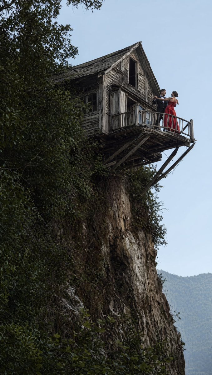 A dramatic vertical cinematic photograph of a weathered wooden house jutting out from the edge of a steep cliff, with a small balcony suspended over empty space. The house is old and dila...