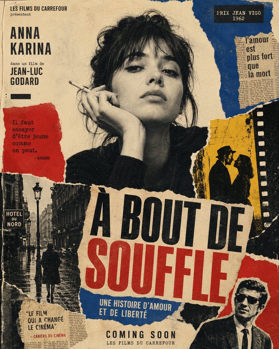 A vintage 1960s French New Wave cinema poster collage on aged beige paper, designed like a torn-paper art-house one-sheet with analog grain, distressed print texture, rough ripped edges,...