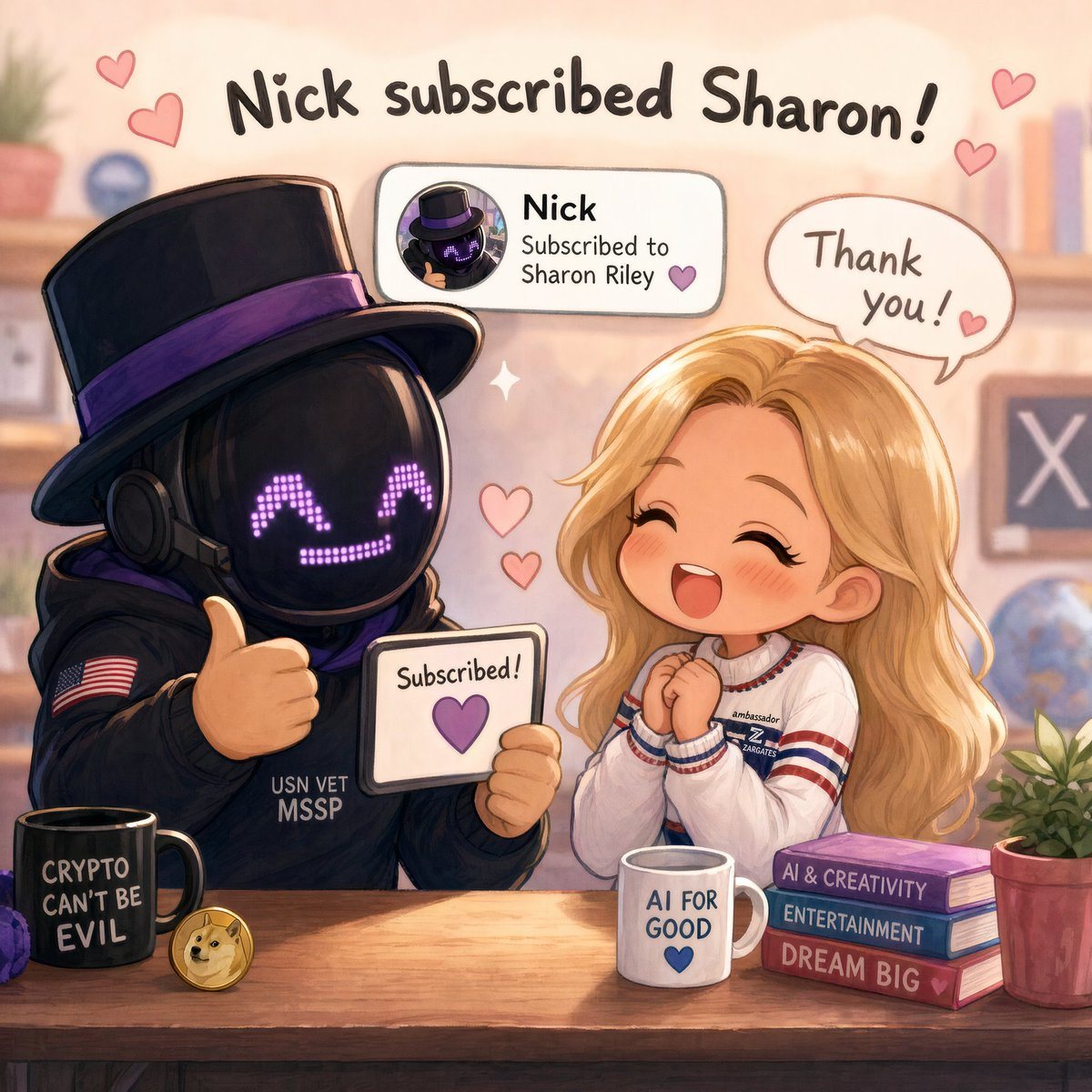 A warm, cute digital illustration in a cozy desk setting celebrating a new subscription. On the left is a friendly humanoid robot mascot with a glossy black face screen showing pixelated...