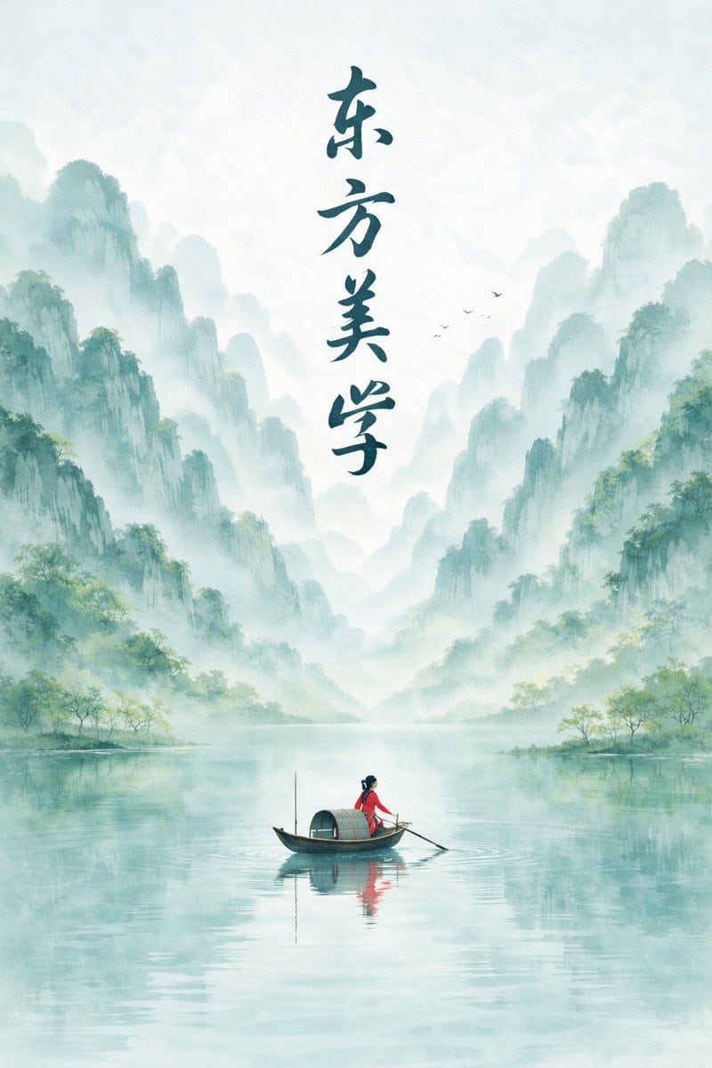 A prompt for a minimalist New Chinese style ink wash landscape poster featuring misty mountains, a mirror-like lake, and a small boat with a red-clothed figure.