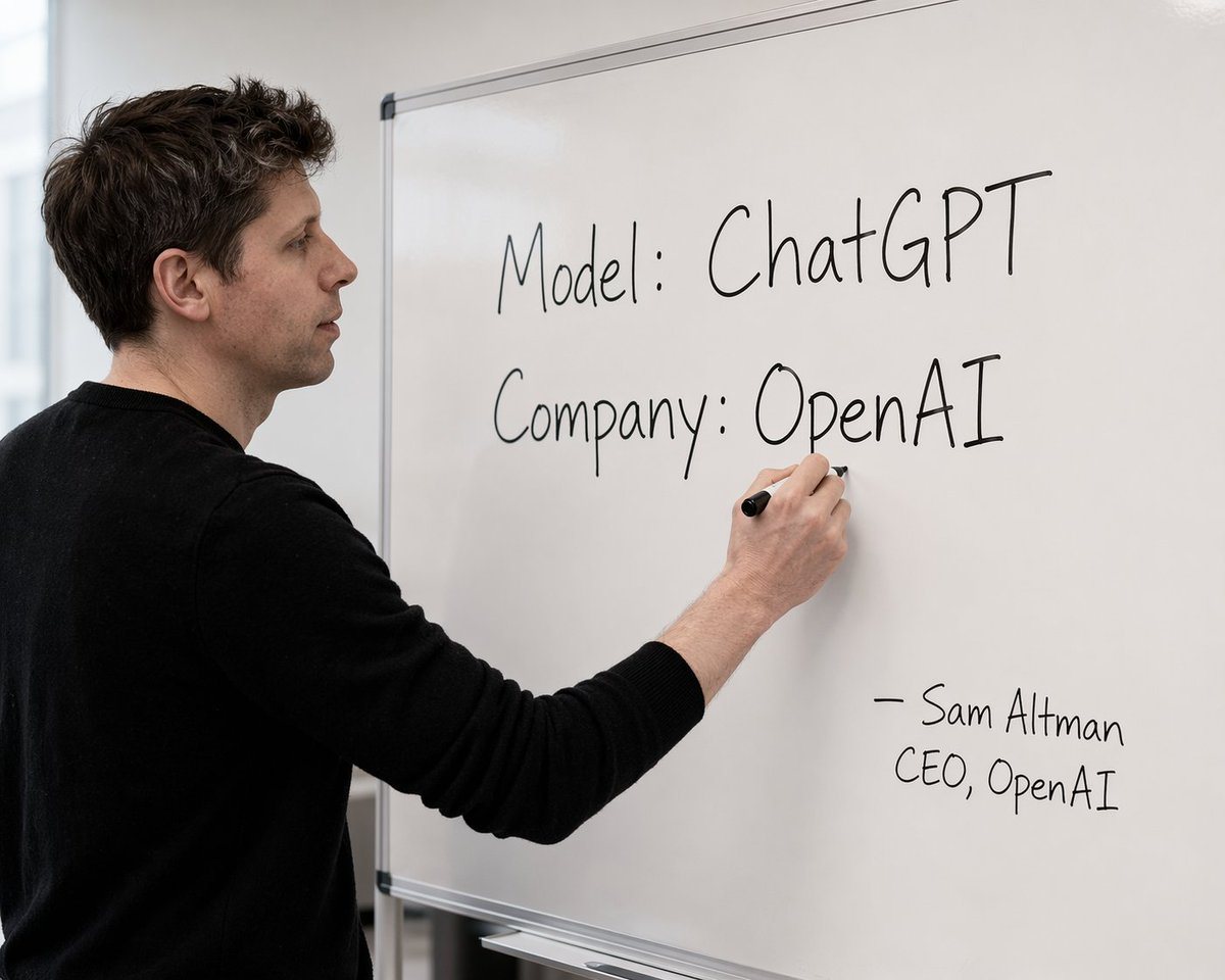A photorealistic corporate photograph of a man resembling Sam Altman wearing a black long-sleeve sweater, standing in profile and writing on a large whiteboard with a black marker. The wh...