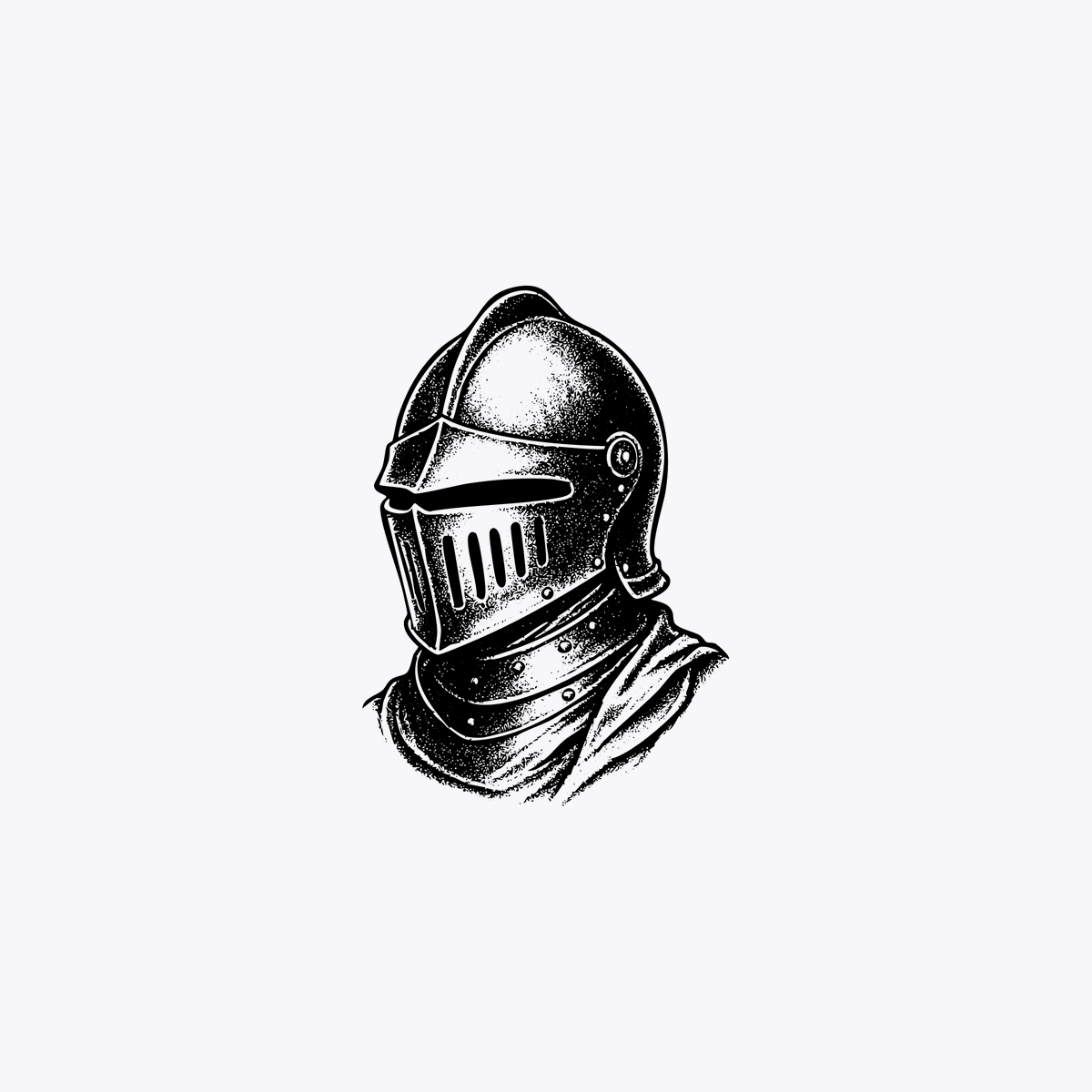 A centered black-and-white vintage ink illustration of a medieval knight’s helmet and upper neck guard, shown as a bust on a plain light gray background with lots of negative space. The h...