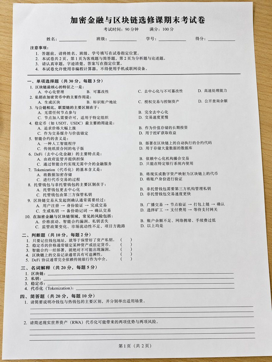 一个简单的提示词，用于生成一张看起来逼真的加密货币课程选修考试试卷照片。