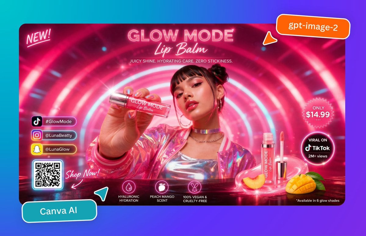 Create a glossy, hyper-saturated social media ad poster for a futuristic beauty product launch, designed like a Canva marketing graphic. The composition is a single widescreen promotional...