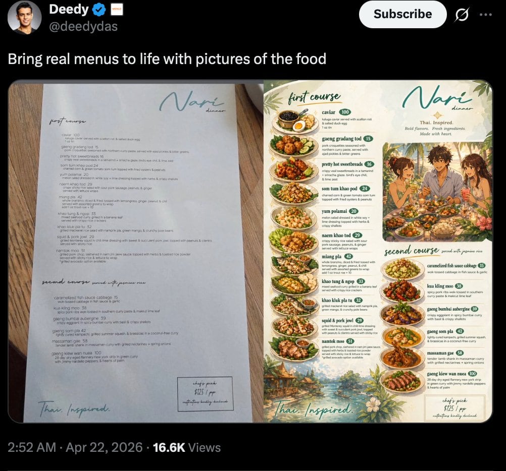 A realistic dark-mode social media screenshot styled like an X/Twitter post on a black interface. At the top left is a profile avatar, the display name Deedy with a blue verification badg...