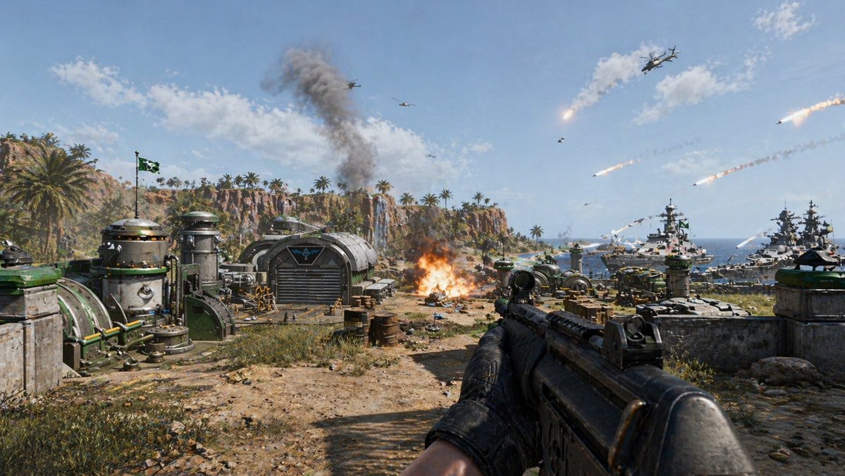 A cinematic first-person modern military battle on a tropical island coastline, viewed from the perspective of a soldier holding a black assault rifle in both hands at the lower right for...