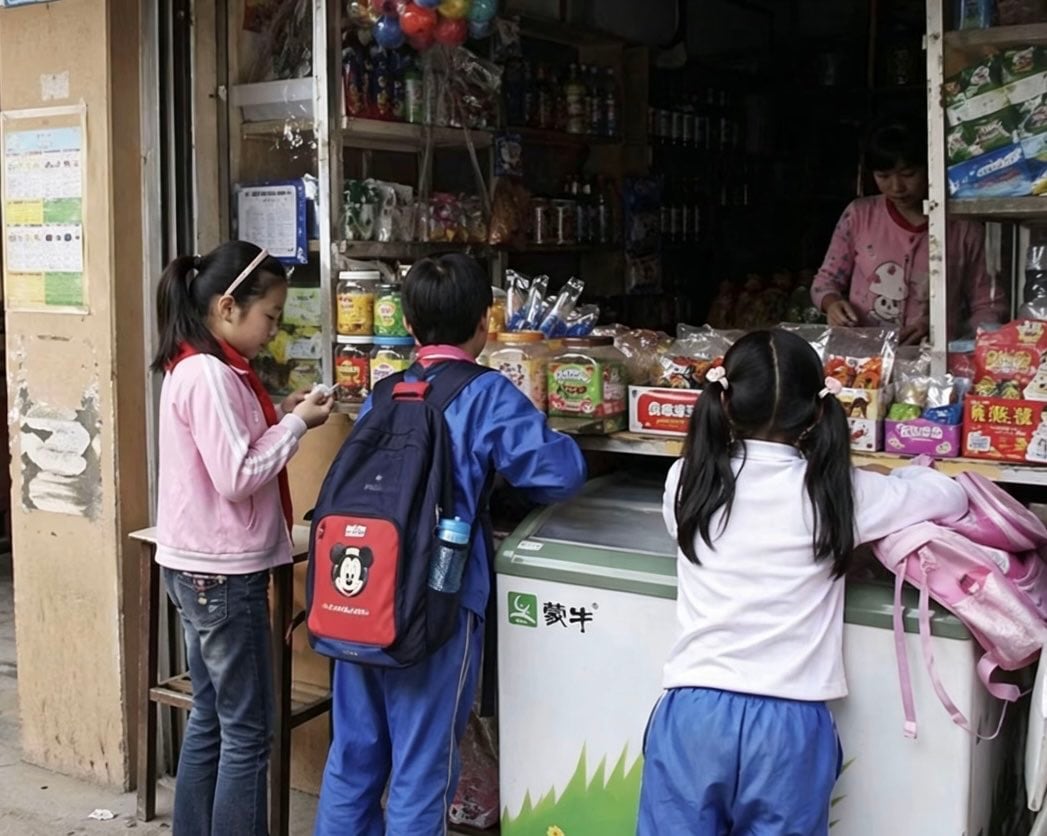 A candid, photorealistic street documentary photo of three primary school children buying snacks at a small old-fashioned neighborhood convenience shop in China, shot in soft natural dayl...