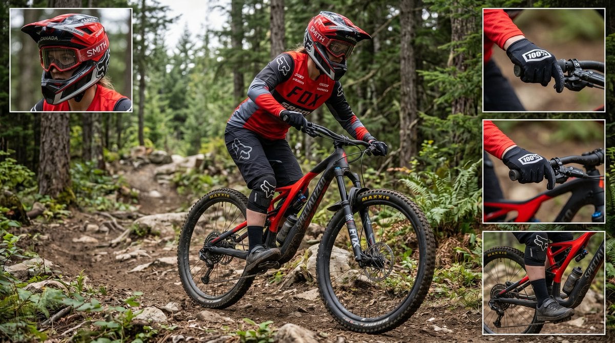 Image 1 (detailed biking gear shots) Mountain biker riding on a rocky forest trail, wearing red and black gear with helmet and gloves, dynamic action shot with close-up detail inserts of...
